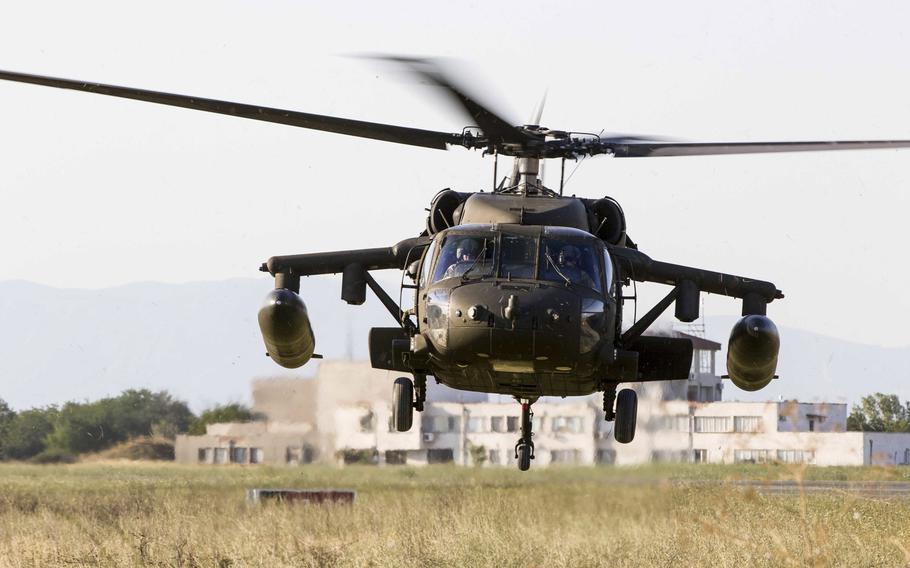 A UH-60 Black Hawk helicopter from 10th Combat Aviation Brigade lands at Bezmer Air Base, Bulgaria, on July 21, 2017.