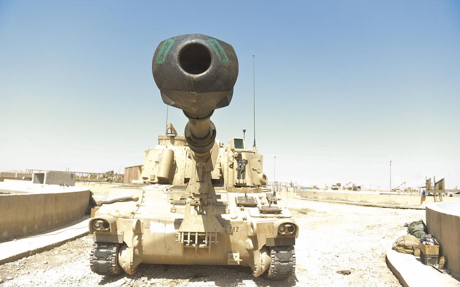 A Paladin self-propelled 155mm Howitzer sits on the firing line near Tal Afar in northern Iraq on Sunday, Aug. 27, 2017. Gun crews were preparing to move to a new location to support Iraqi units fighting the Islamic State.