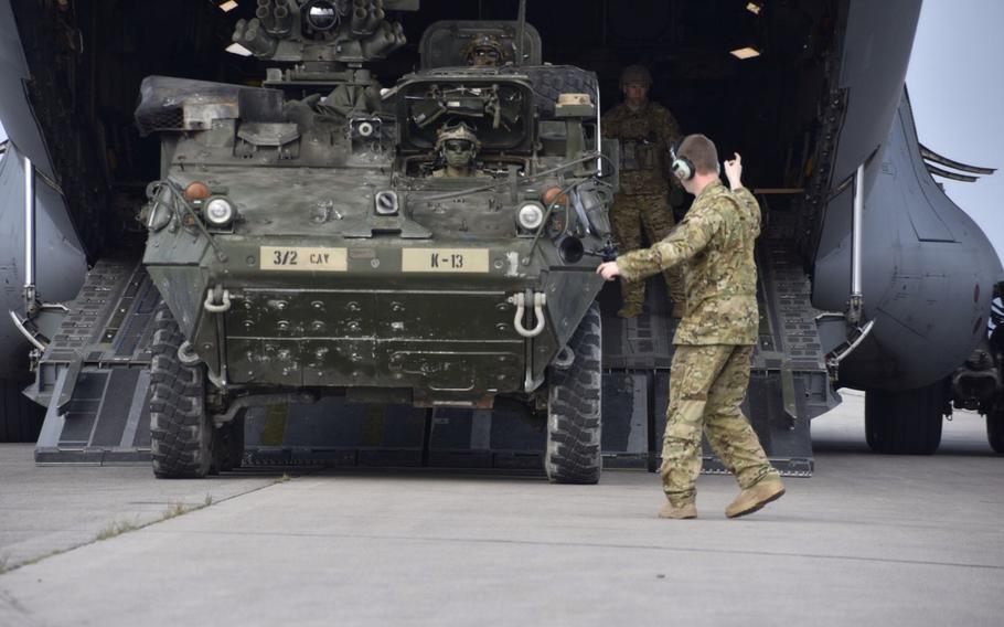 Troopers assigned to the 2nd Cavalry Regiment kick off Saber Junction 17 at Hradcany Airfield, Czech Republic, April 29, 2017. The regiment will be receiving upgraded Stryker armored combat vehicles, with enhanced antitank capabilities, beginning next summer.
