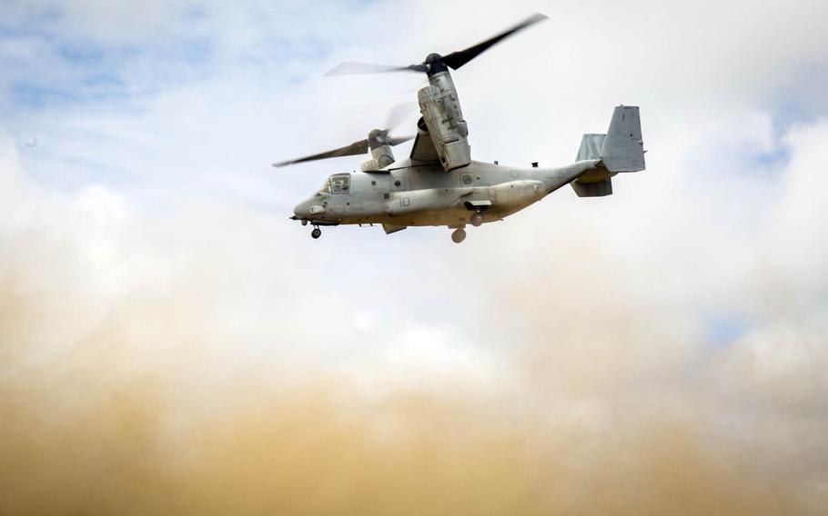 A Marine Corps MV-22 Osprey soars over Hokkaido, Japan, during Northern Viper drills, Aug. 18, 2017.