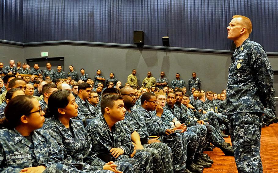 Master Chief Petty Officer of the Navy Steven Giordano speaks to sailors during a town hall meeting at Yokosuka Naval Base, Japan, Wednesday, Sept. 13, 2017.