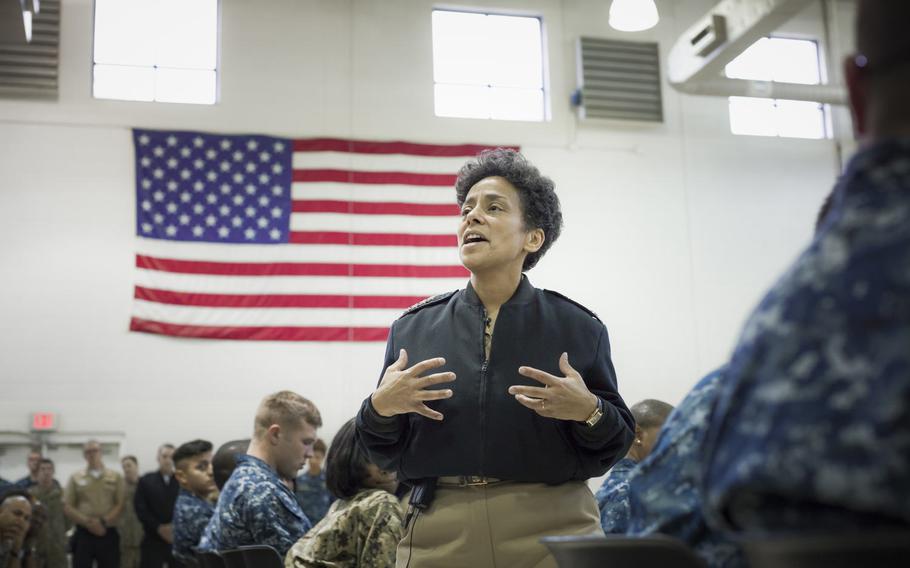 Adm. Michelle Howard addresses Sailors during an all-hands call at Navy Operational Support Center in Atlanta in 2015. Naval Forces Europe-Africa has announced that Howard plans to retire by January 2018.