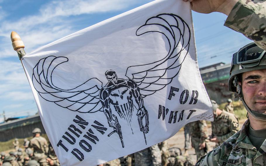 A soldier displays the air-assault class motto at Camp Mobile, South Korea, Thursday, Oct. 19, 2017.