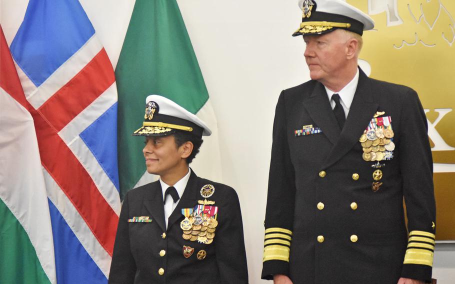 Adm. Michelle Howard, left, and Adm. James Foggo stand during a change of command ceremony on Oct. 20, 2017, at Allied Joint Force Command Naples auditorium. Foggo took the reins of U.S. Naval Forces Europe-Africa and Allied Joint Force Command Naples. Howard plans to retire by January.