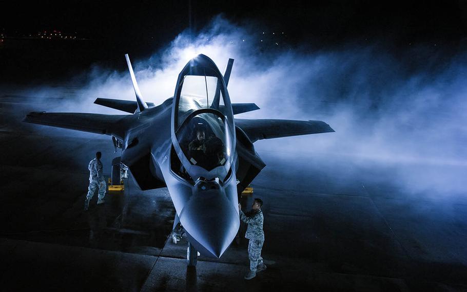 Flight-crew airmen from the 34th Aircraft Maintenance Unit at Hill Air Force Base, Utah, reenact the recovery of an F-35A Lightning II, Aug. 28, 2017. They were participating in the filming of a video about the integration of active-duty and Reserve airmen stationed at Hill.