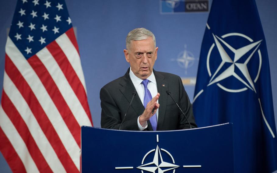 Defense Secretary Jim Mattis briefs the press at the NATO headquarters in Brussels, June 29, 2017.
