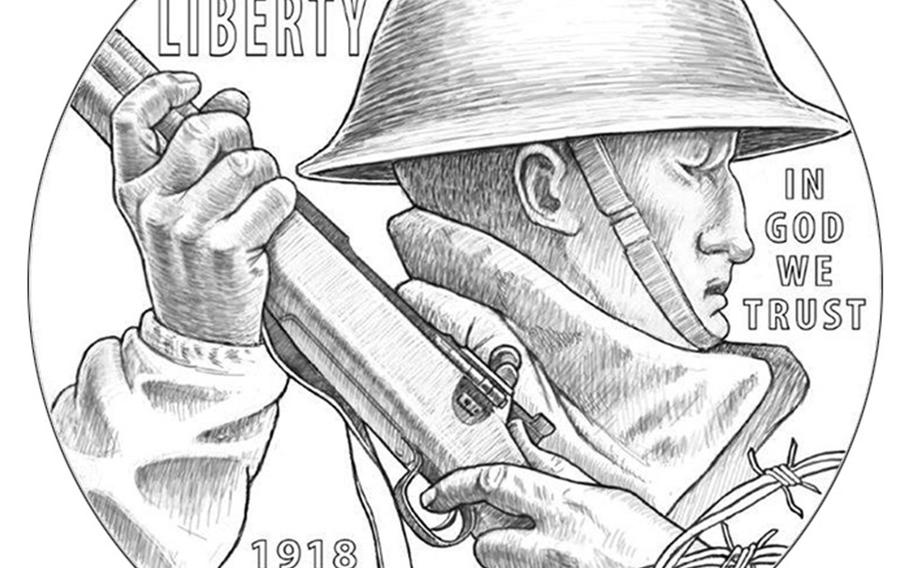 The obverse side of the World War I centennial silver dollar features a soldier gripping his rifle.