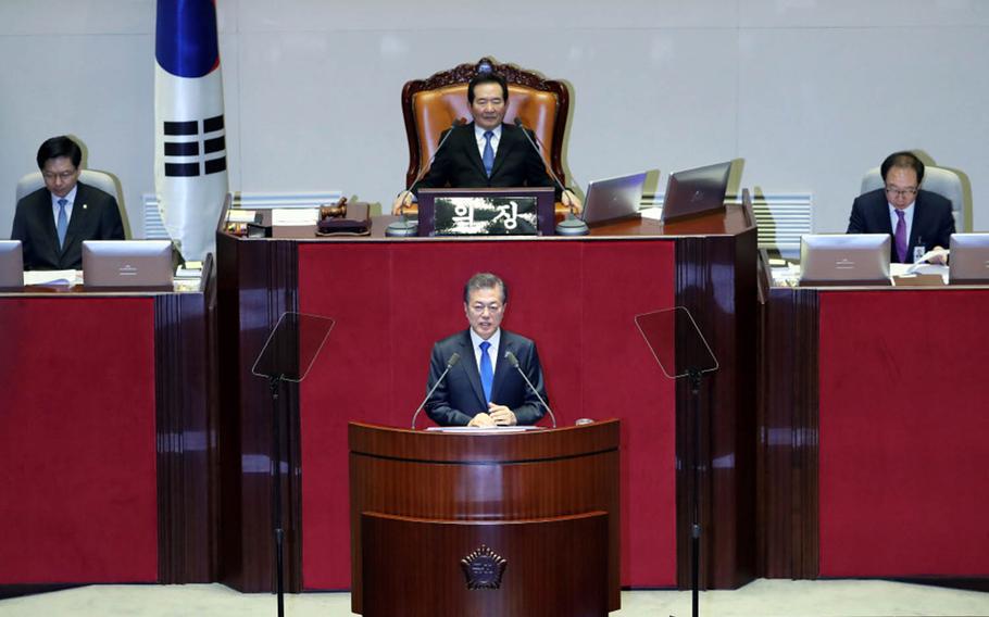 South Korean President Moon Jae-in addresses the National Assembly in Seoul, South Korea, Wednesday, Nov. 1, 2017.