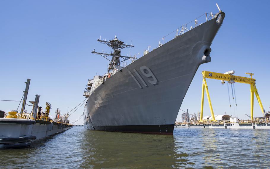 The future USS Delbert D. Black will be christened at the Huntington Ingalls shipyard in Pascagoula, Miss., on Saturday, Nov. 4, 2017. 
