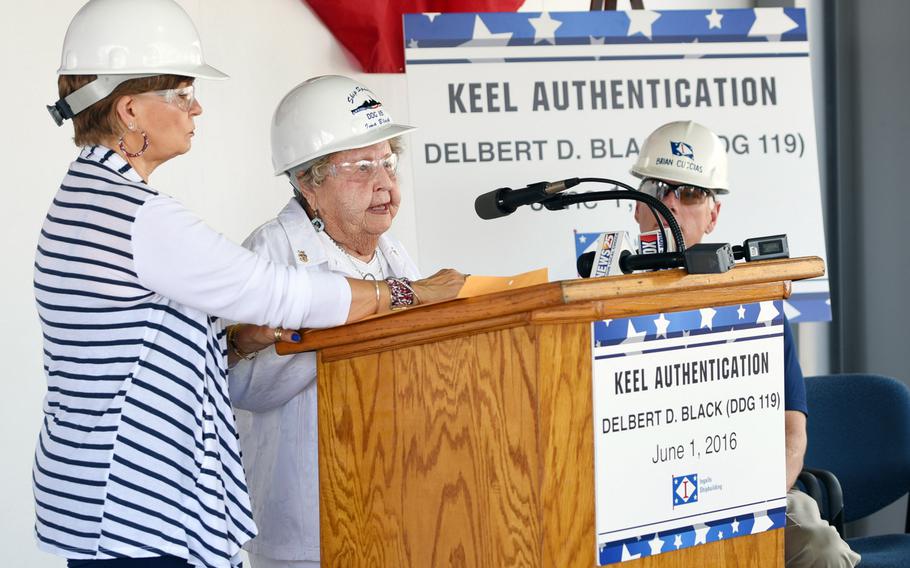 Ima Black, wife of the Navy's first master chief petty officer of the Navy, delivers remarks during the keel laying ceremony for the guided-missile destroyer USS Delbert D. Black. Black also declared the keel "truly and fairly laid," at the ceremony June 1, 2016.