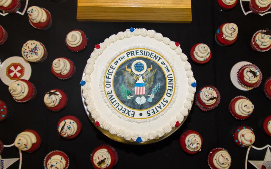 A special cake and cupcakes were on hand during President Donald Trump's lunch with trrops at Camp Humphreys, South Korea, Tuesday, Nov. 7, 2017.
