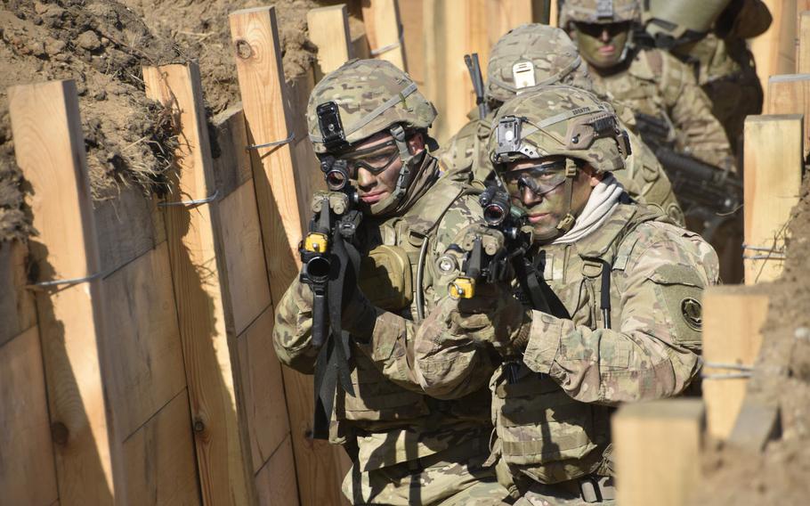 U.S. soldiers assigned to Battle Group Poland and 2d Squadron, 2d Cavalry Regiment, conduct a Combined Arms Live Fire Exercise in Bemowo Piskie Training Area, Poland, Oct. 2, 2017.