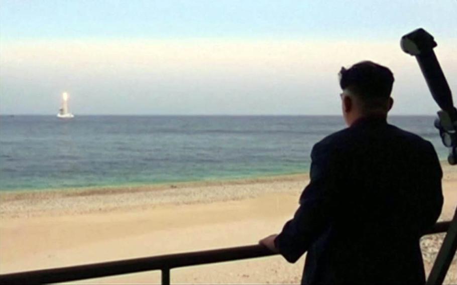 This video screenshot purports to show North Korean leader Kim Jong Un watching a submarine-launched ballistic missile test in August 2016.