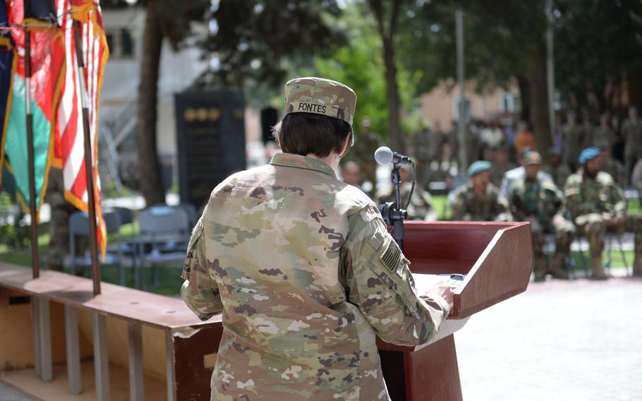 Army Maj. Gen. Robin Fontes, commander of Combined Security Transition Command-Afghanistan, speaks during an event at Resolute Support headquarters in Kabul on Sept. 14, 2017.