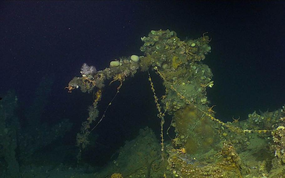 A machine gun on the USS Ward, which was sunk during World War II off Leyte, Philippines, is seen on Nov. 30, 2017.