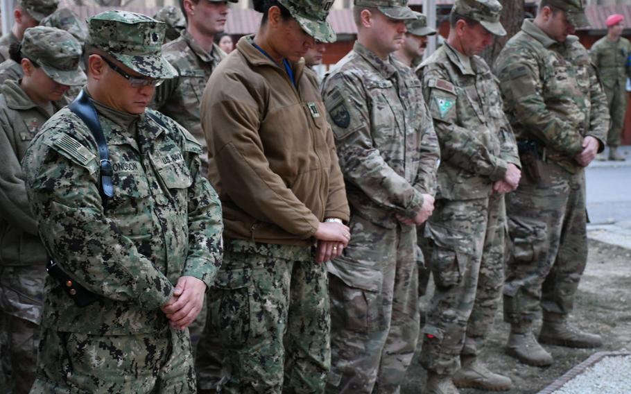 U.S. servicemembers in Kabul on Thursday, Dec. 7, 2017, remember those killed in the attack on Pearl Harbor at a ceremony to mark the 76th anniversary of the event.