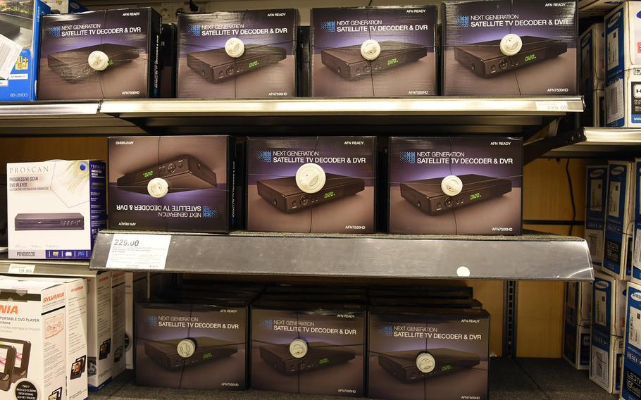 New AFN decoders line the shelves at the Exchange Tuesday morning, Dec. 12, 2017, at Ramstein Air Base, Germany. The decoders are compatible with American Forces Network's new digital signal, which, in Europe, switched to high definition overnight Monday to give viewers higher quality audio and visual programming.
