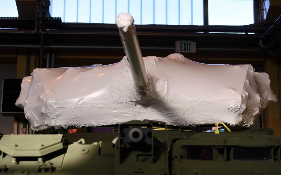The turret of one of the 2nd Cavalry Regiment's new upgunned Strykers with a 30 mm cannon still wrapped, at Vilseck, Germany, Wednesday, Dec. 13, 2017.