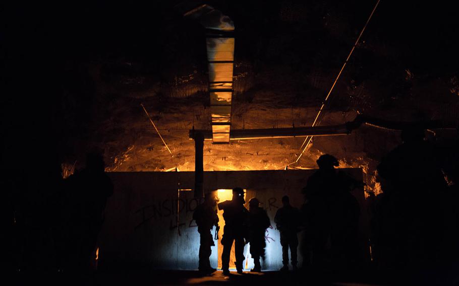 Soldiers from 1st Battalion, 5th Cavalry Regiment find a mock chemical weapons lab inside the underground facility at Camp Stanley, South Korea, Friday, Dec. 15, 2017.