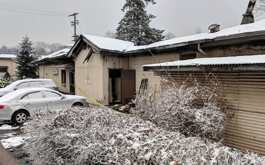 An exchange office at Yongsan Garrison, South Korea, is seen after a fire on Monday, Dec. 18, 2017.
