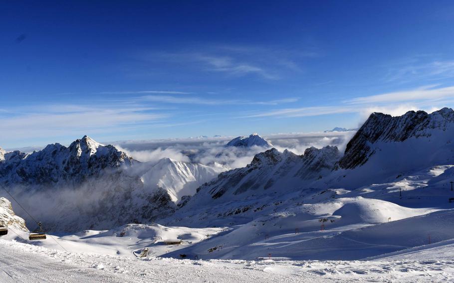 The view from the Zugspitze, Germany's tallest mountain, near Garmisch, Germany, Tuesday, Dec. 19, 2017.
