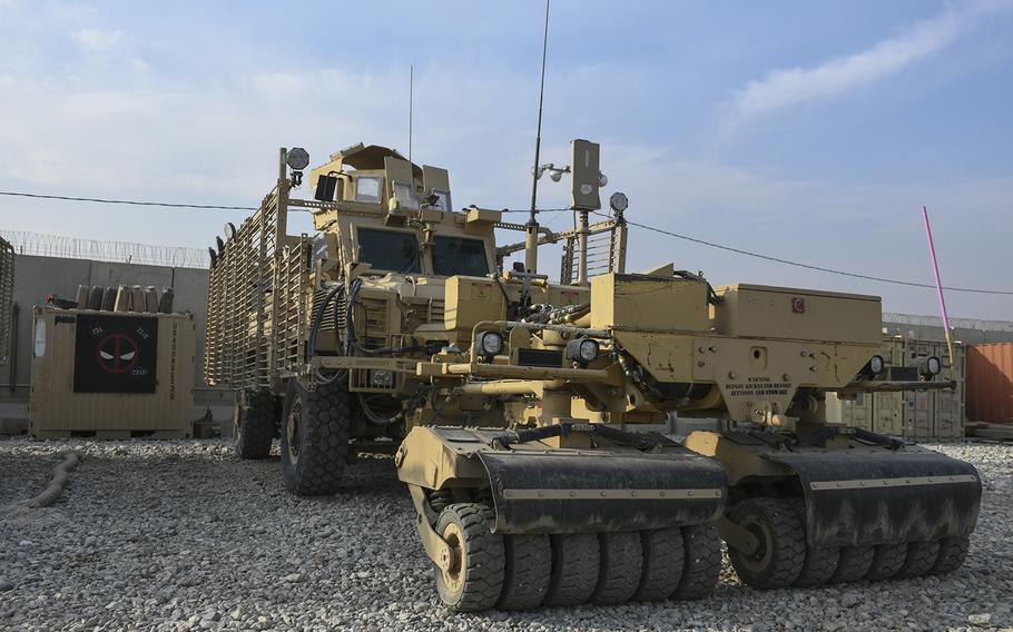 An RG-33, like the one damaged in a Nov. 13, 2017, suicide car bomb attack in Kandahar province, Afghanistan, is pictured here on Wednesday, Dec. 20, 2017, at Bagram Air Field.
                
