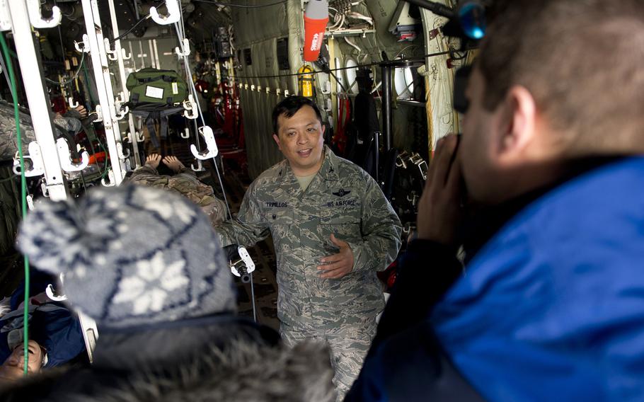 U.S. Air Force Col. Ricardo Trimillos speaks with German media during the first African and European aeromedical evacuation symposium at Ramstein Air Base, Germany, on Thursday, Jan. 18, 2018.