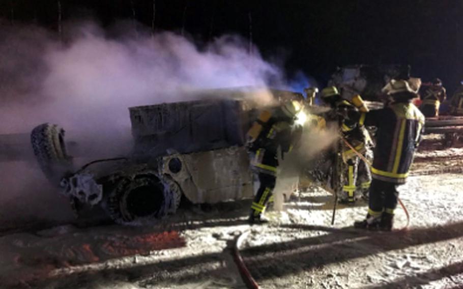 A U.S. Army Humvee caught on fire while being towed on autobahn A93 near Regnitzlosau, Germany, in Bavaria on Thursday morning, Jan.18, 2018. The autobahn had to be closed in both directions for the fire department to put out the blaze.