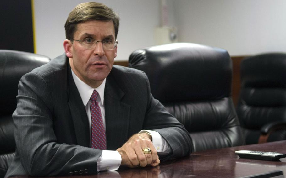 Secretary of the Army Dr. Mark Esper answers a journalist's question during a meeting with the press in Wiesbaden, Germany, Monday, Jan. 29, 2018. Esper emphasized the Army needed to prepare for ''high-end'' conflict against near-peer adversaries.