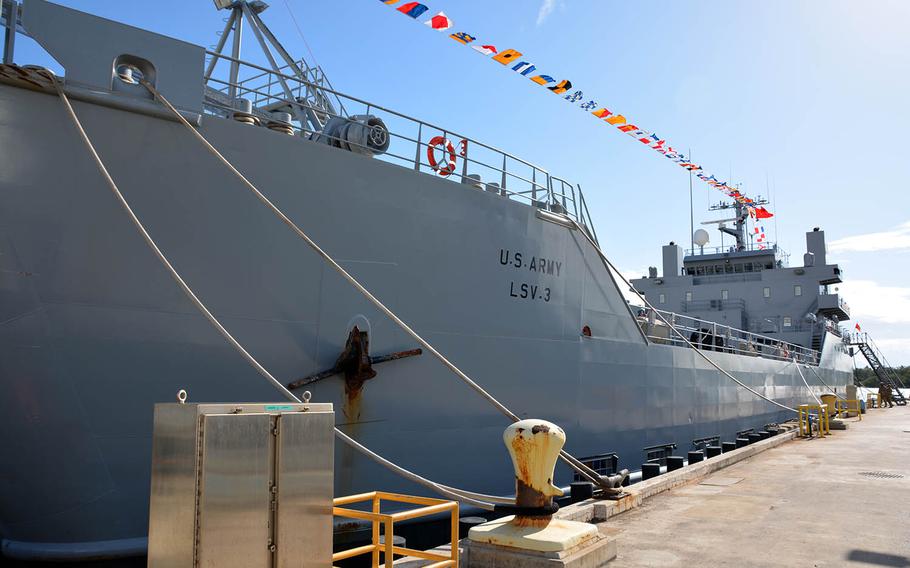 USAV General Brehon B. Somervell, a logistics support vessel, received a Hawaiian blessing during a dock-side ceremony at Joint Base Pearl Harbor-Hickam, Hawaii, Tuesday, Feb. 6, 2018.