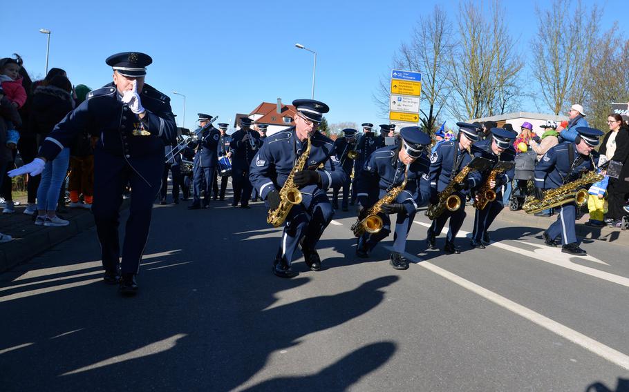 The USAFE Band entertains the spectators at the 67th annual Ramstein-Miesenbach Fasching parade Tuesday, Feb. 13, 2018.