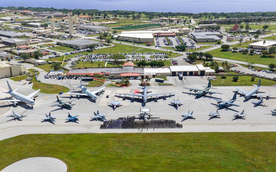 Troops from the U.S., Japan Air Self-Defense Force and Royal Australian Air Force pose during the Cope North opening ceremony at Andersen Air Force Base, Guam, Feb. 14, 2018.
