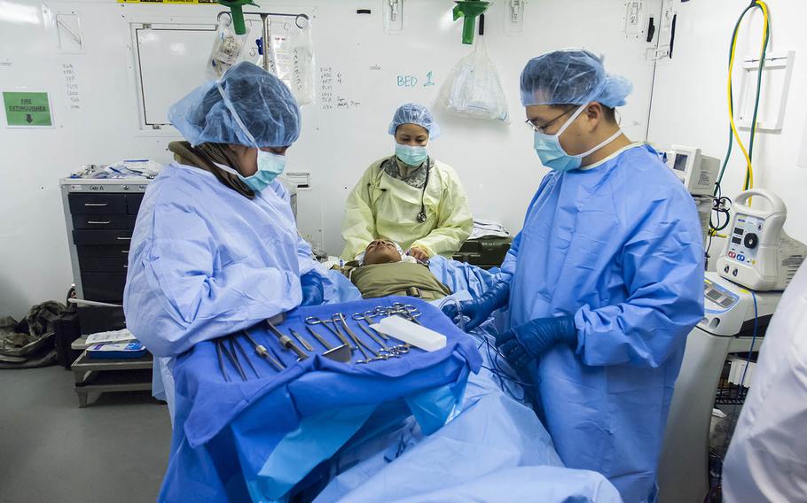 The 212th Combat Support Hospital sets up a field hospital during an exercise, Nov. 7, 2017, in Landstuhl, Germany. Doctors at Landstuhl Regional Medical Center are moving forward with plans to unionize, citing low morale and other factors.