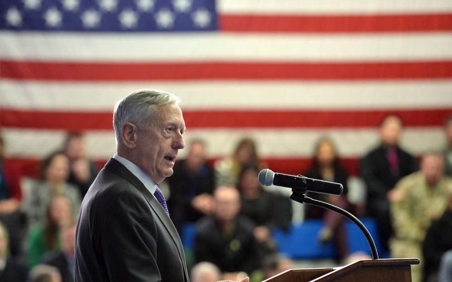 Defense Secretary Jim Mattis leads a town-hall meeting with military and civilian personnel at U.S. European Command during a stop in Stuttgart, Germany, on Thursday, Feb. 15, 2018. Mattis discussed security issues in Africa during a meeting Friday at U.S. Africa Command.