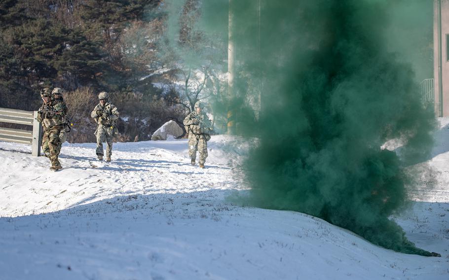Soldiers from 1st Battalion, 9th Cavalry Regiment, 2nd Armored Brigade Combat Team, 1st Cavalry Division participate in bilateral Warrior Strike drills in South Korea, Dec. 13, 2017.