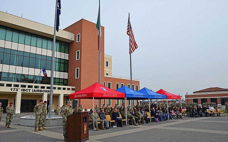Soldiers attend an Expert Infantryman Badge ceremony at Caserma Del Din, Vicenza, Italy, on Feb. 15, 2018. A recent survey initiated by garrison officials found spouse employment issues among residents' major concerns.