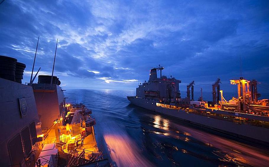 The USNS Leroy Grumman oiler alongside the destroyer USS Ross during a refueling on the Mediterranean on Oct. 28, 2014. The Grumman is one of MSC's duty oilers for the 6th Fleet theater, which has seen increased military activity in the past two years.