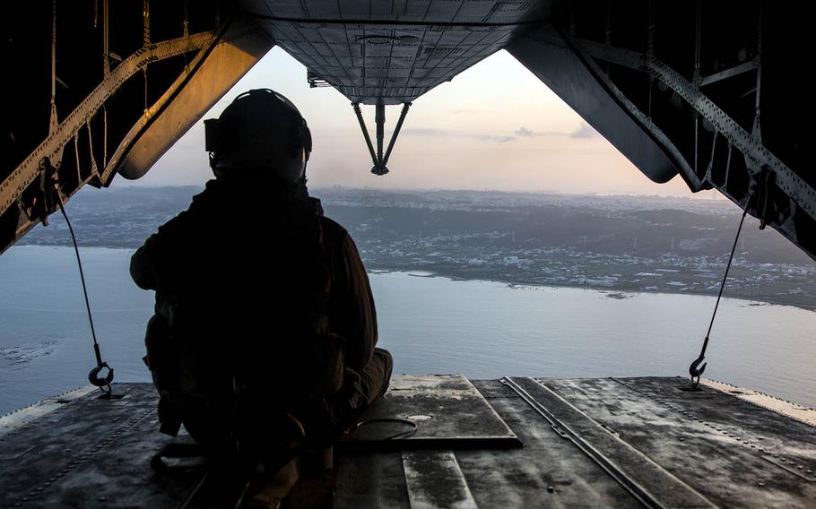 A Marine Corps CH-53 Super Stallion flies off the coast of Okinawa, Japan, July 31, 2017. The Japanese government is reportedly considering the deployment of surface-to-ship missiles on Okinawa's main island in response to Chinese aggression in the area.