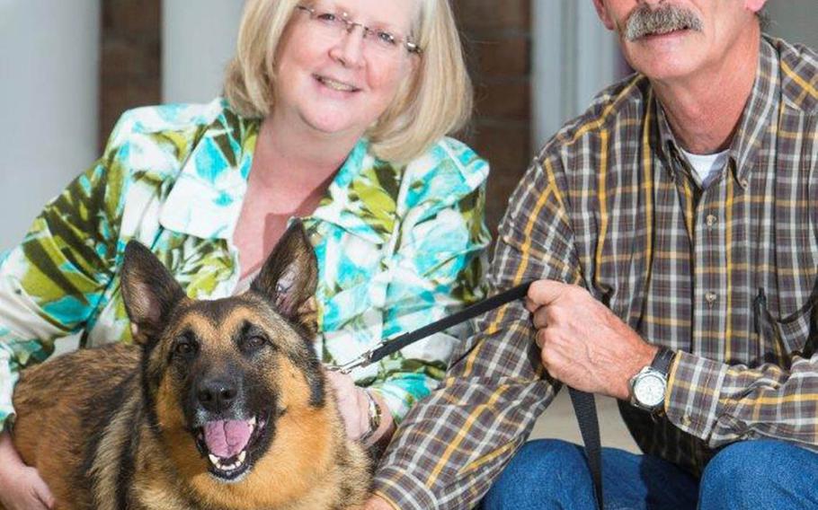 Kim Scarborough, left, and her husband Paul pose with their adopted dog Ben, a miltiary war dog, at their home in Kinston, North Carolina in November 2015. After adopting Ben from the Army, Kim searched and ultimately found Ben's handler in Afghanistan and reunited them. Courtesy Kim Scarborough