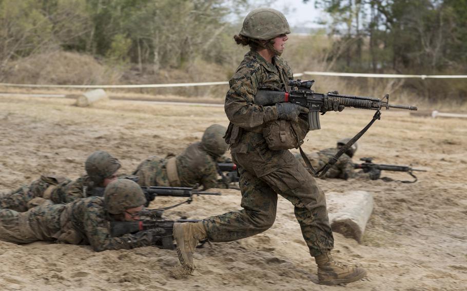 U.S. Marine Corps Rct. Gianna Paul during Basic Warrior Training at Paige Field on Marine Corps Recruit Depot, Parris Island, S.C., on Feb. 7, 2018. A new study found that unit cohesion was unaffected by adding women.