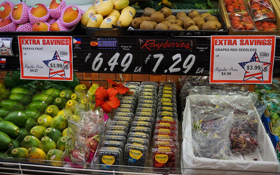 Six-ounce boxes of blueberries and raspberries were selling for $6.49 and $7.29 at the commissary on Yokota Air Base, Japan, Thursday, March 15, 2018.