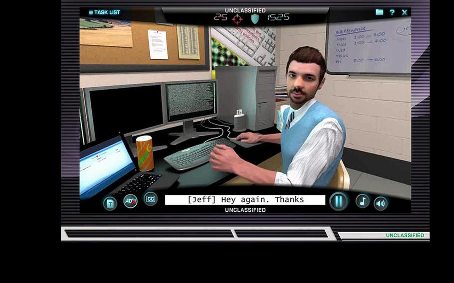 A screen grab of the U.S. Department of Defense Cyber Awareness Challenge computer-based training module. It is one of the 23 mandatory computer-based modules a group of Army chief warrant officers had to do before deploying to Afghanistan to train Afghan helicopter pilots.
