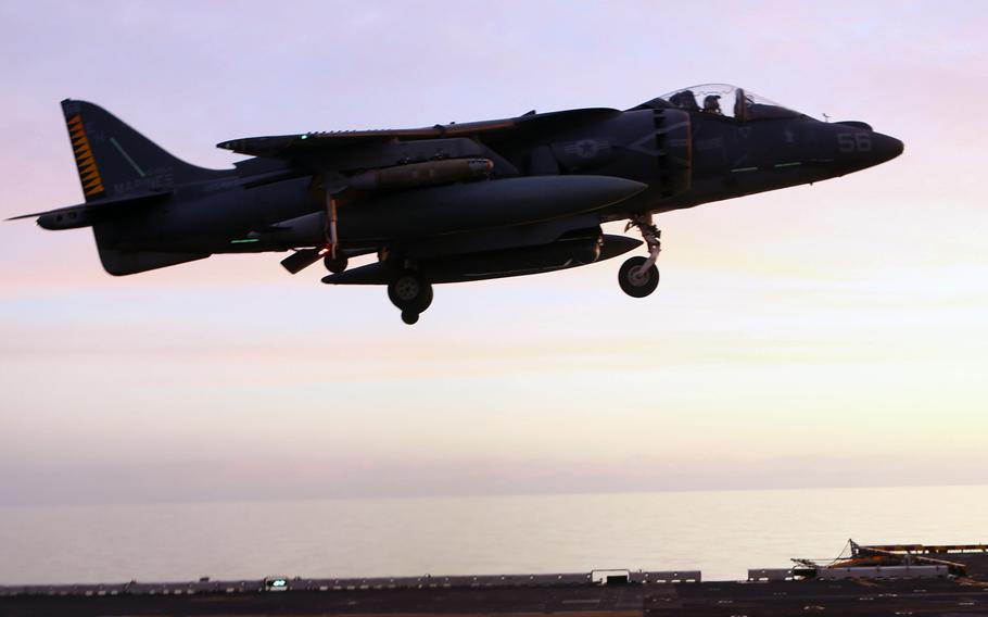 An AV-8B Harrier II with 22nd Marine Expeditionary Unit lands on the USS Wasp in 2016 after conducting air strikes against Islamic State group targets in Sirte, Libya. On Saturday, the U.S. military launched its first strike against Al-Qaida in Libya as operations expand beyond ISIS fighters that have been the primary targets in the past.
