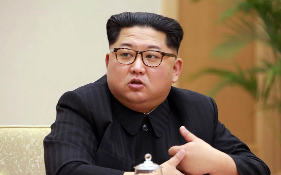 North Korean leader Kim Jong Un addresses the politburo of the central committee of the ruling Workers' Party in Pyongyang, Monday, April 9, 2018.