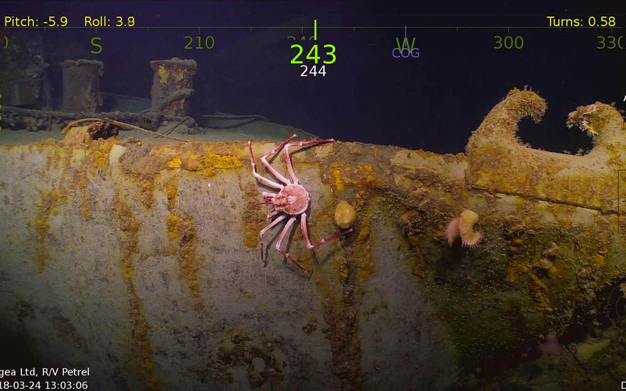 A photo of the USS Helena taken in late March by the research vessel Petrel near the Solomon Islands, where the cruiser was sunk by three Japanese torpedoes on July 6, 1943.