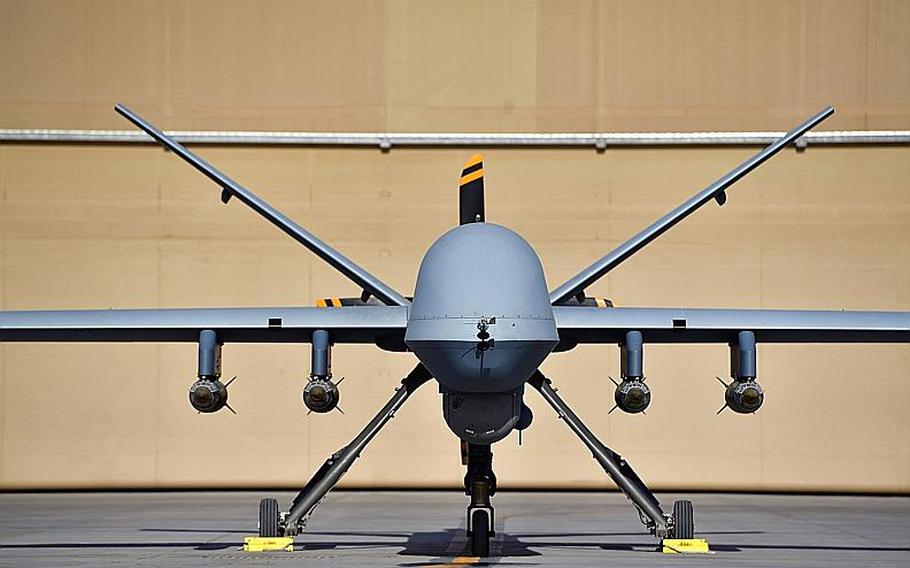 A U.S. Air Force MQ-9 Reaper, assigned to the 62nd Expeditionary Reconnaissance Squadron, armed with four GBU-38 Joint Direct Attack Munition, parks on a flightline before a mission on Kandahar Airfield, Afghanistan, Feb. 22, 2018. The 62nd ERS provides close air support, intelligence, surveillance and reconnaissance capabilities in Afghanistan.
Paul Labbe/U.S. Air Force