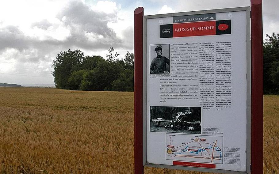 A marker at the spot where the Red Baron, in his triplane, hit the ground and died on April 21, 1918. The location is on the D1 local road between Corbie and Bray-sur-Somme, east of Amiens in northern France.
                