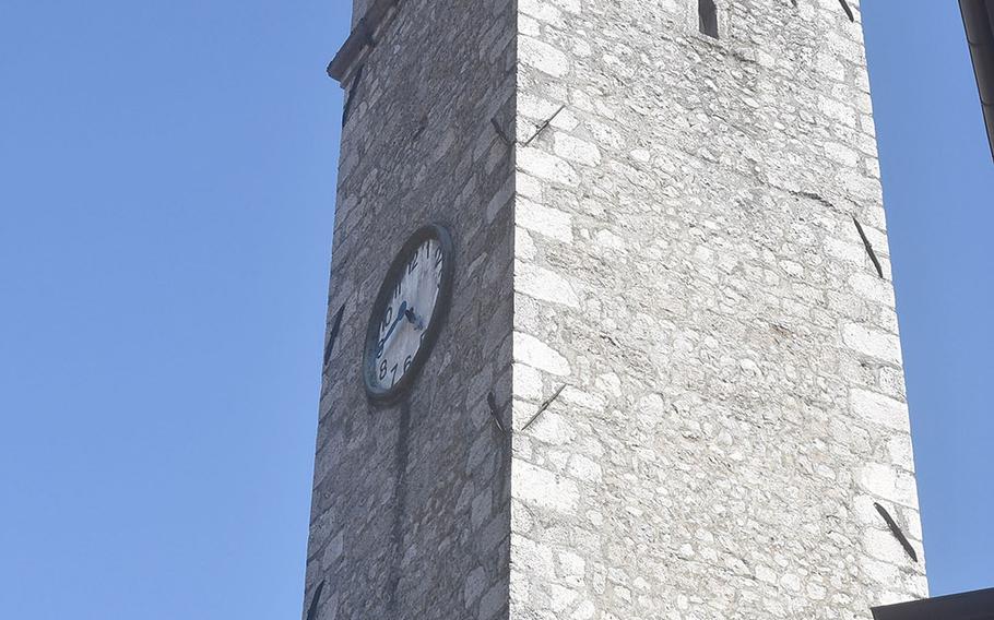 The bell tower of the St. John the Baptist Church in Barcis looms over the rest of the town, which features a few shops, a few restaurants and other businesses targeting local residents.
