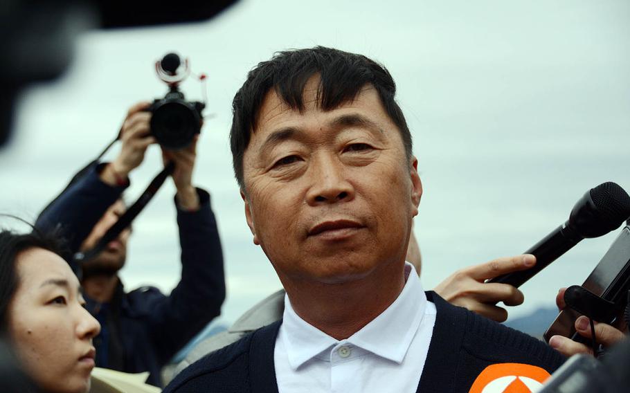 Kim Dongku, mayor of the South Korean village of Taesong-dong, speaks to reporters, Tuesday, April 24, 2018.