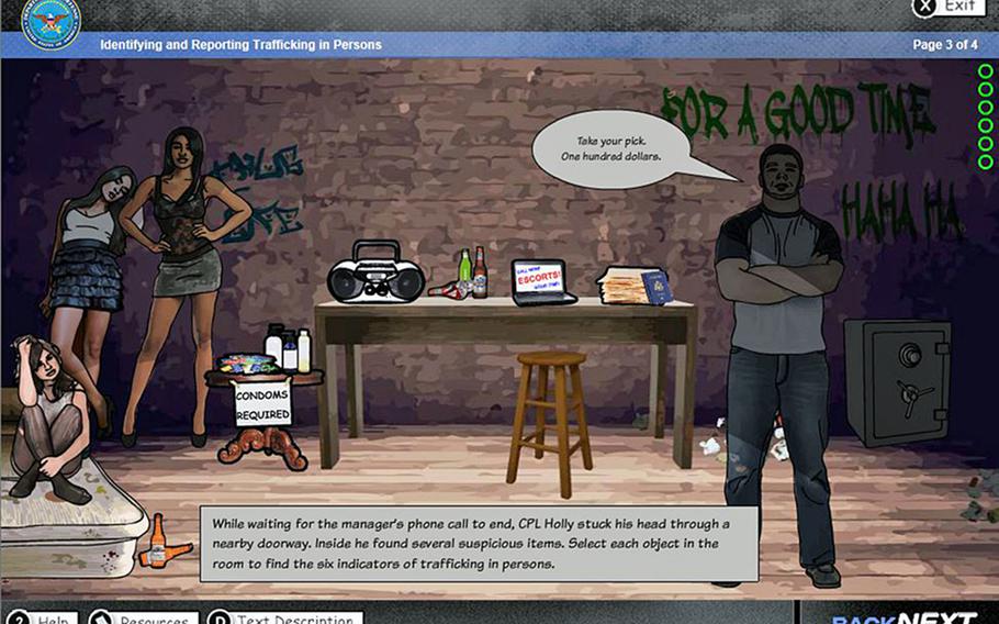 A screen grab of the U.S. Department of Defense Combating Trafficking in Persons computer-based training module. The course is one of three mandates being eliminated at Army headquarters level in a bid to streamline training requirements, though combatant commanders may opt to require them.